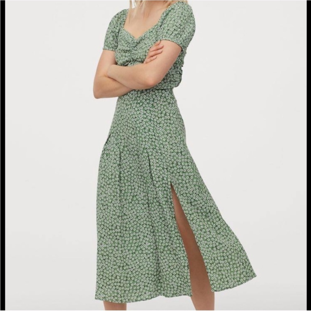 H&M Green Square Neckline Floral Midi Dress XS